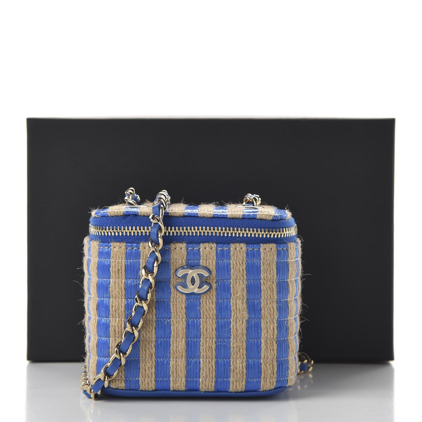 Raffia Jute Striped Mini Vanity Case With Chain Blue Beige