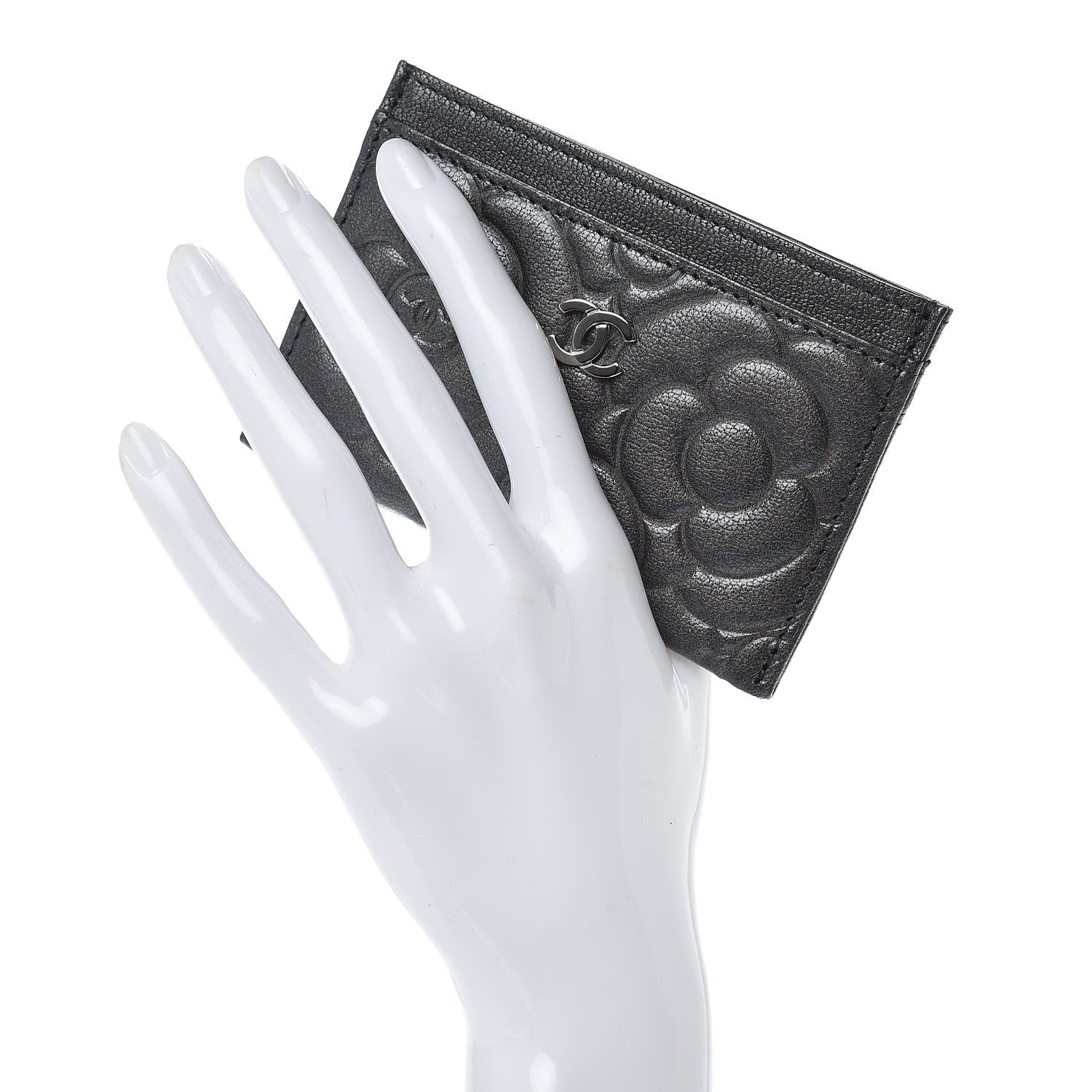 Chanel Goatskin Camellia Embossed Card Holder Grey 2 of 8