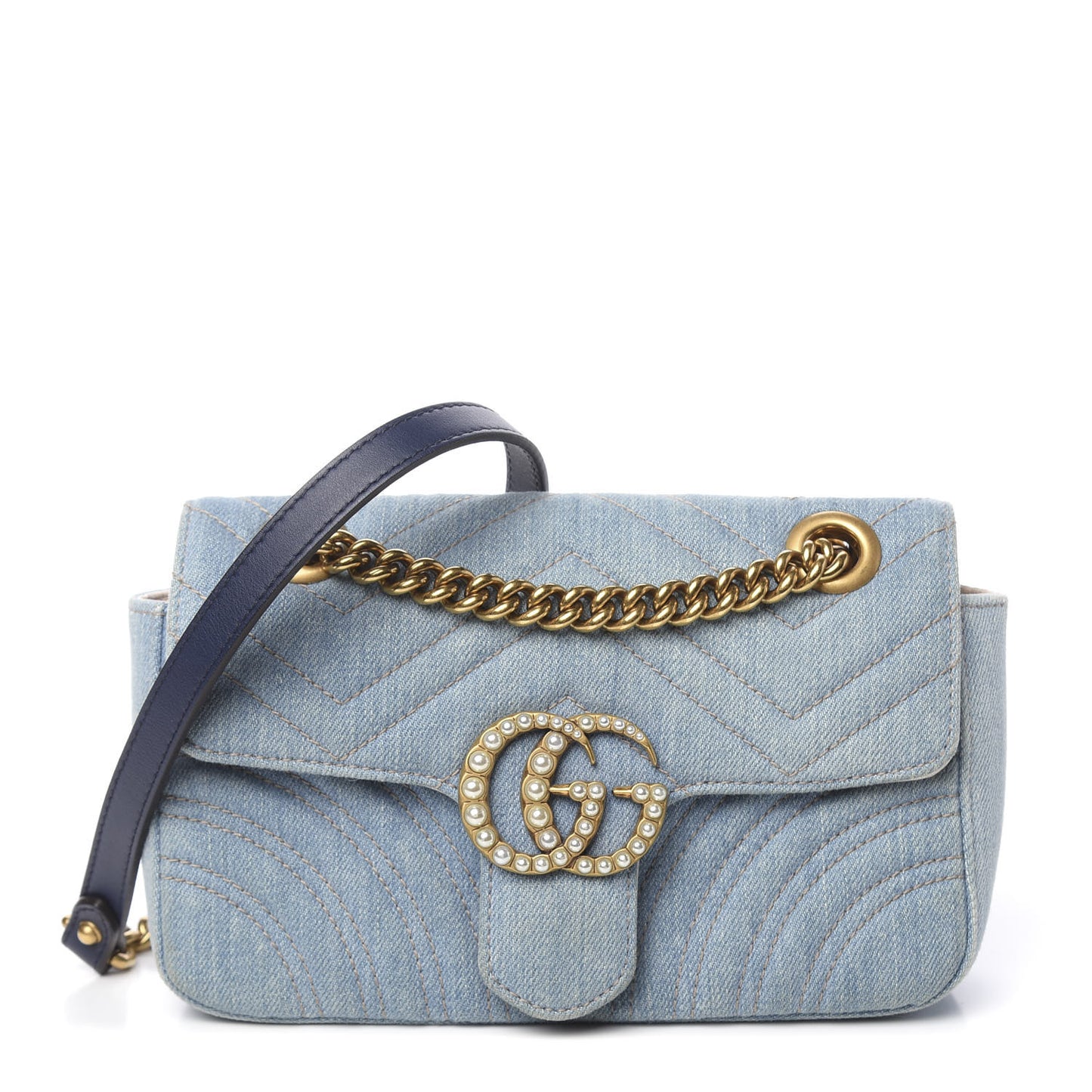 Denim Matelasse Mini Pearly GG Marmont Shoulder Bag Blue