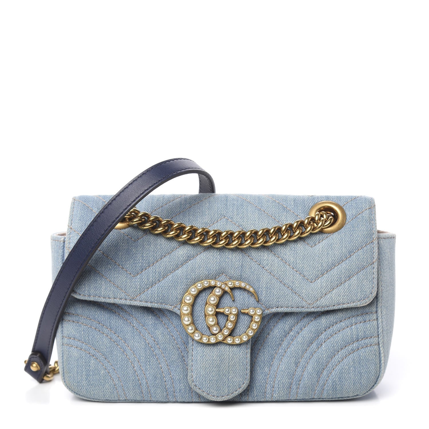 Gucci Denim Matelasse Mini Pearly GG Marmont Shoulder Bag Blue 1 of 15