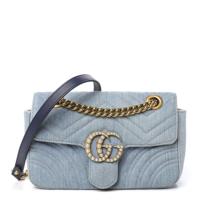 Gucci Denim Matelasse Mini Pearly GG Marmont Shoulder Bag Blue 1 of 15