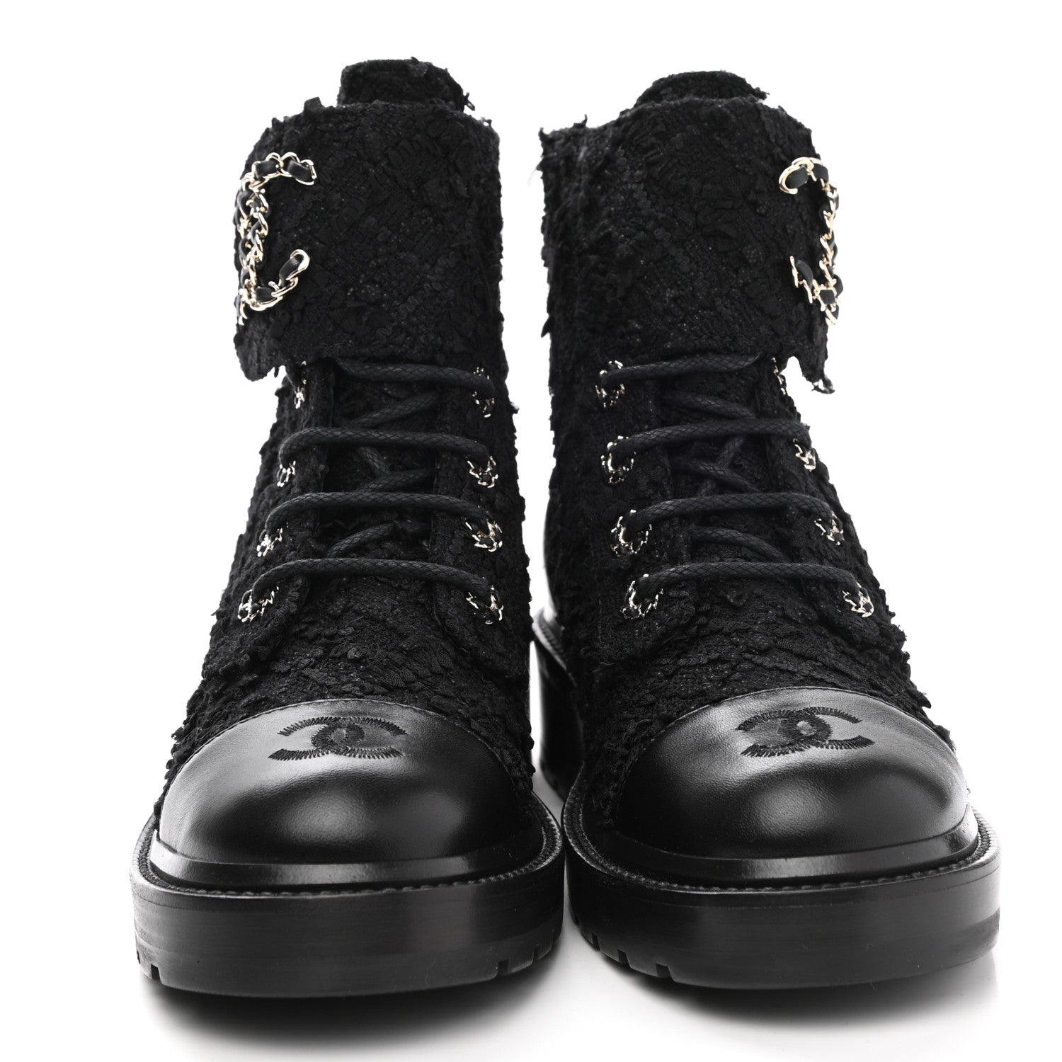 Chanel Tweed Lambskin Quilted Lace Up Combat Boots 37.5 Black 2 of 9
