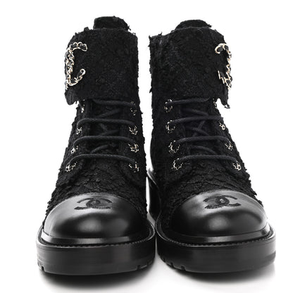 Chanel Tweed Lambskin Quilted Lace Up Combat Boots 37.5 Black 2 of 9