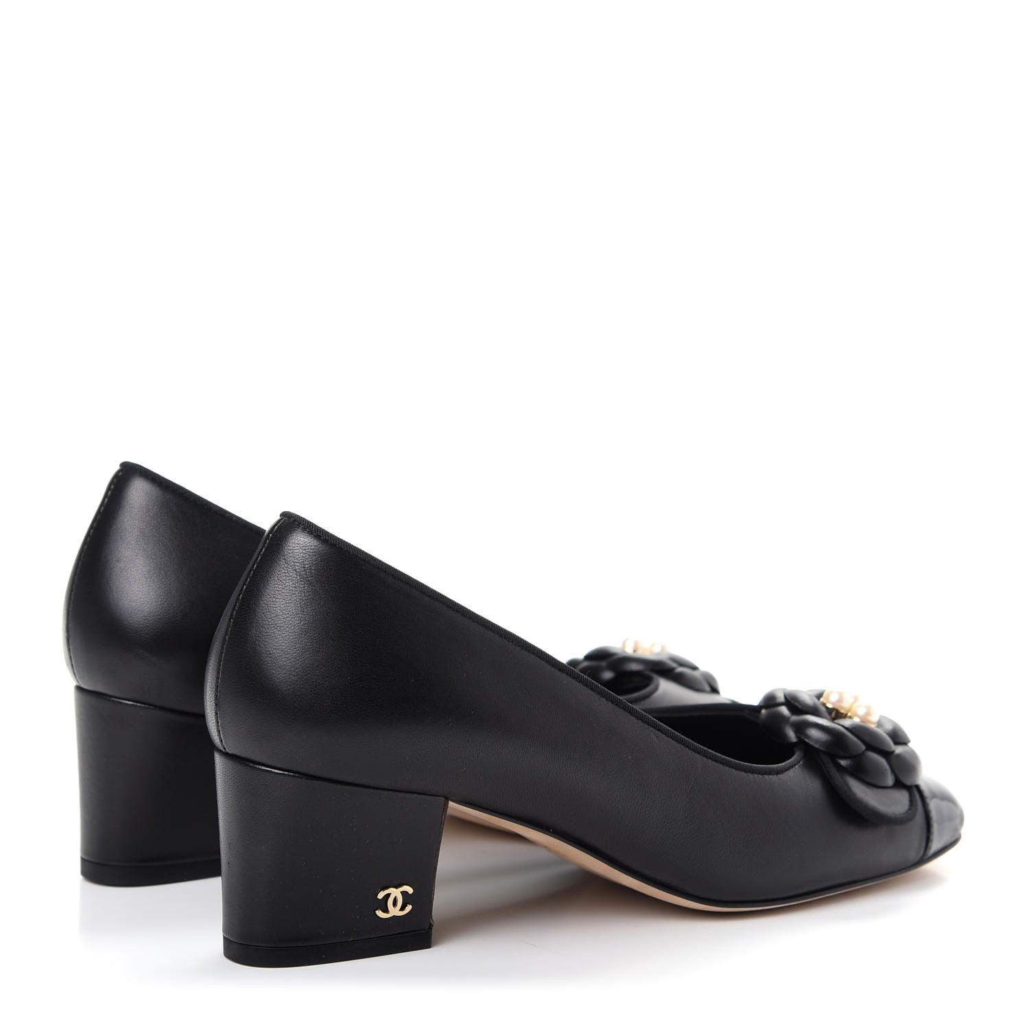 Chanel Lambskin Patent Calfskin Pearl Camellia Cap Toe Pumps 37 Black 4 of 11