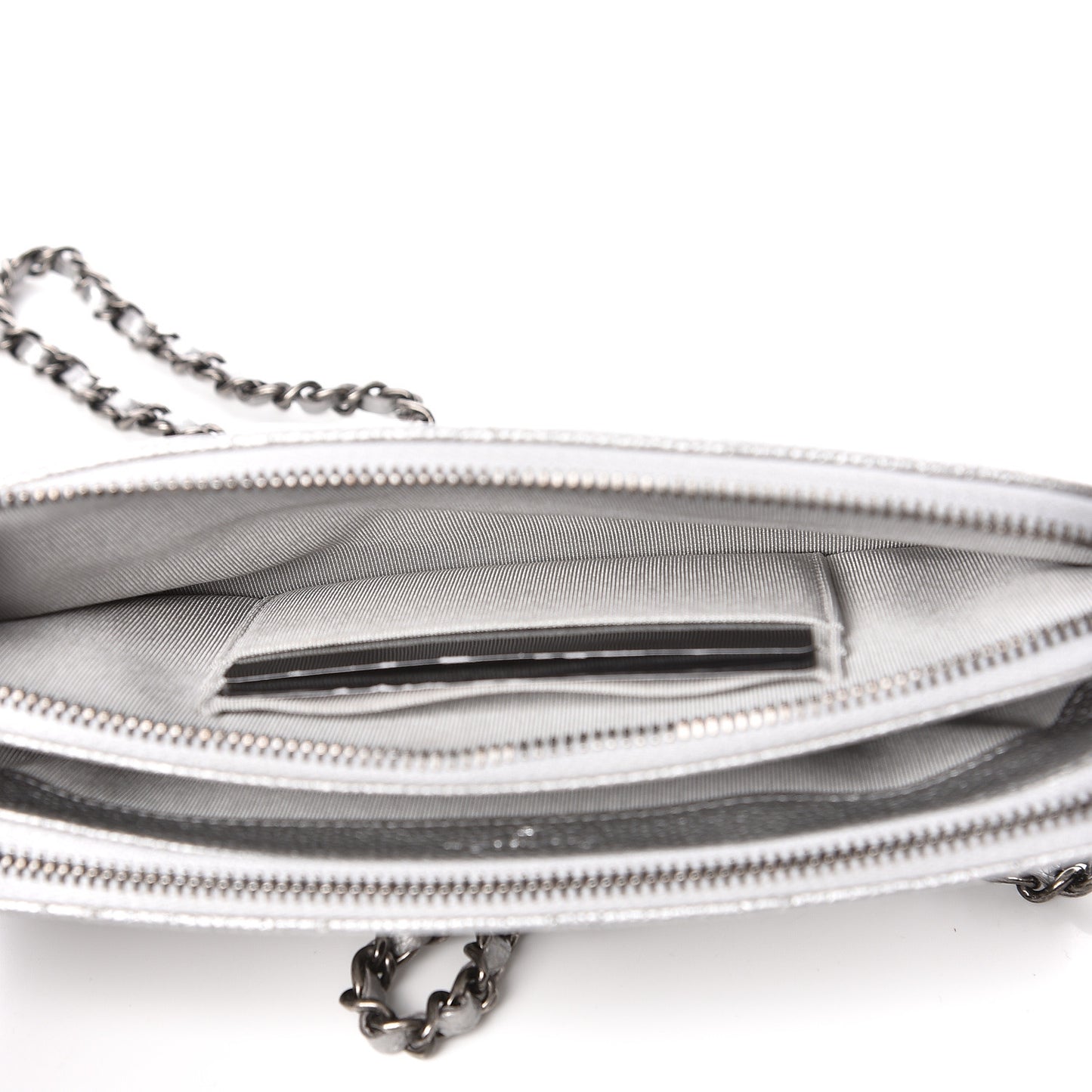 Metallic Caviar Quilted Small Clutch With Chain Silver