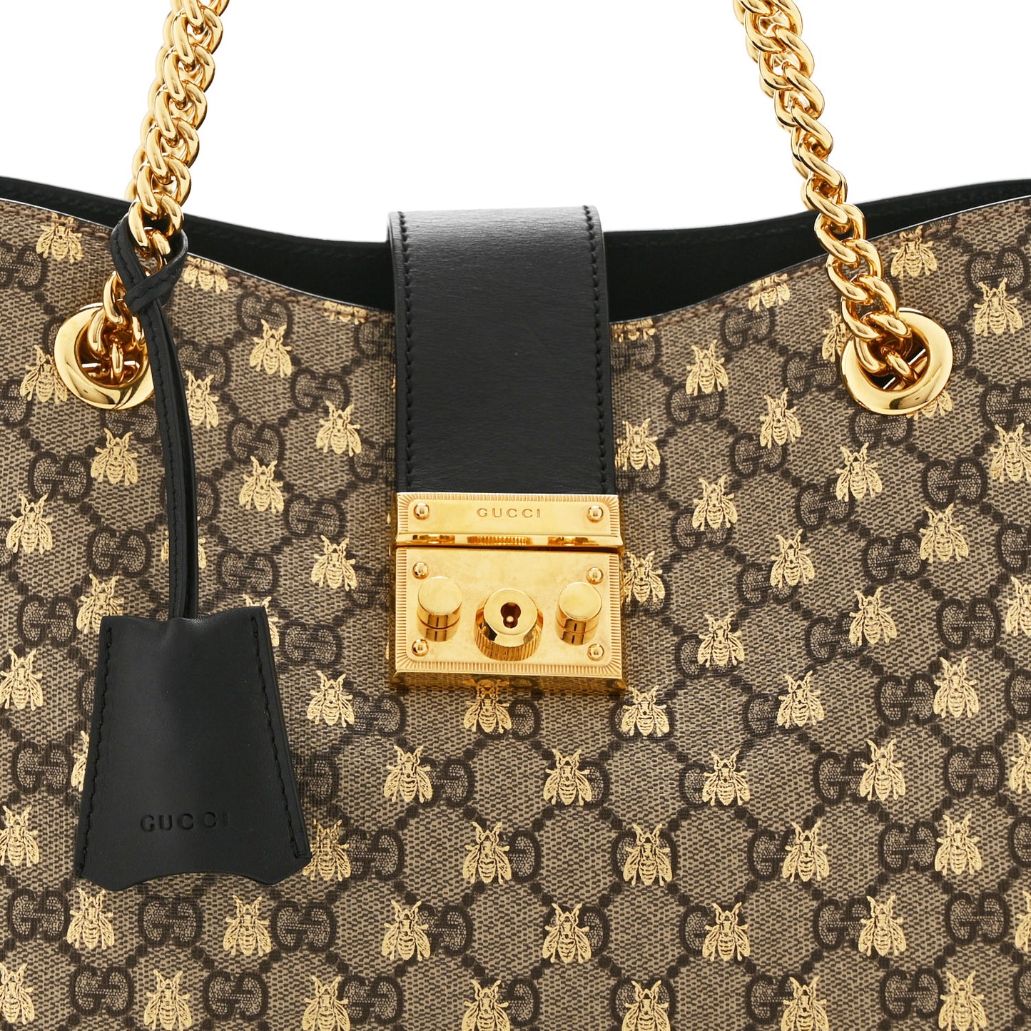 GG Supreme Monogram Bees Medium Padlock Tote Beige Oro Black