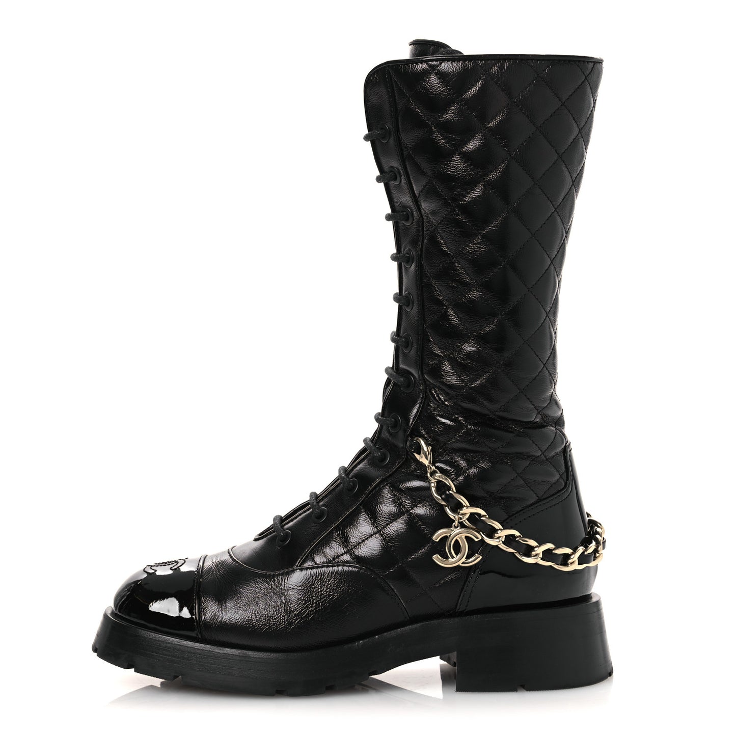 Shiny Calfskin Patent Quilted Chain Lace Up Combat Long Boots 37 Black