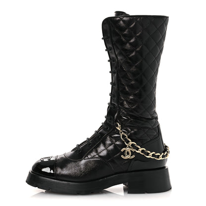 Chanel Shiny Calfskin Patent Quilted Chain Lace Up Combat Long Boots 37 Black 1 of 11