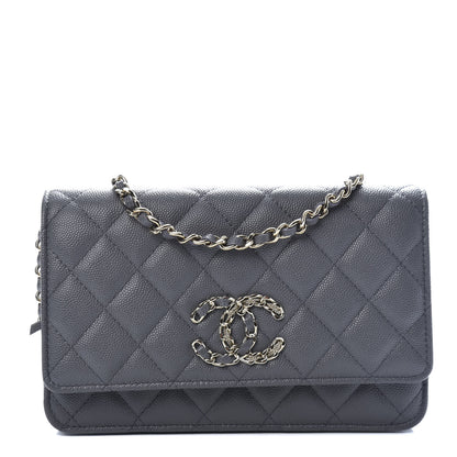 Chanel Caviar Quilted French New Wave Chain CC Wallet On Chain WOC Grey 1 of 8