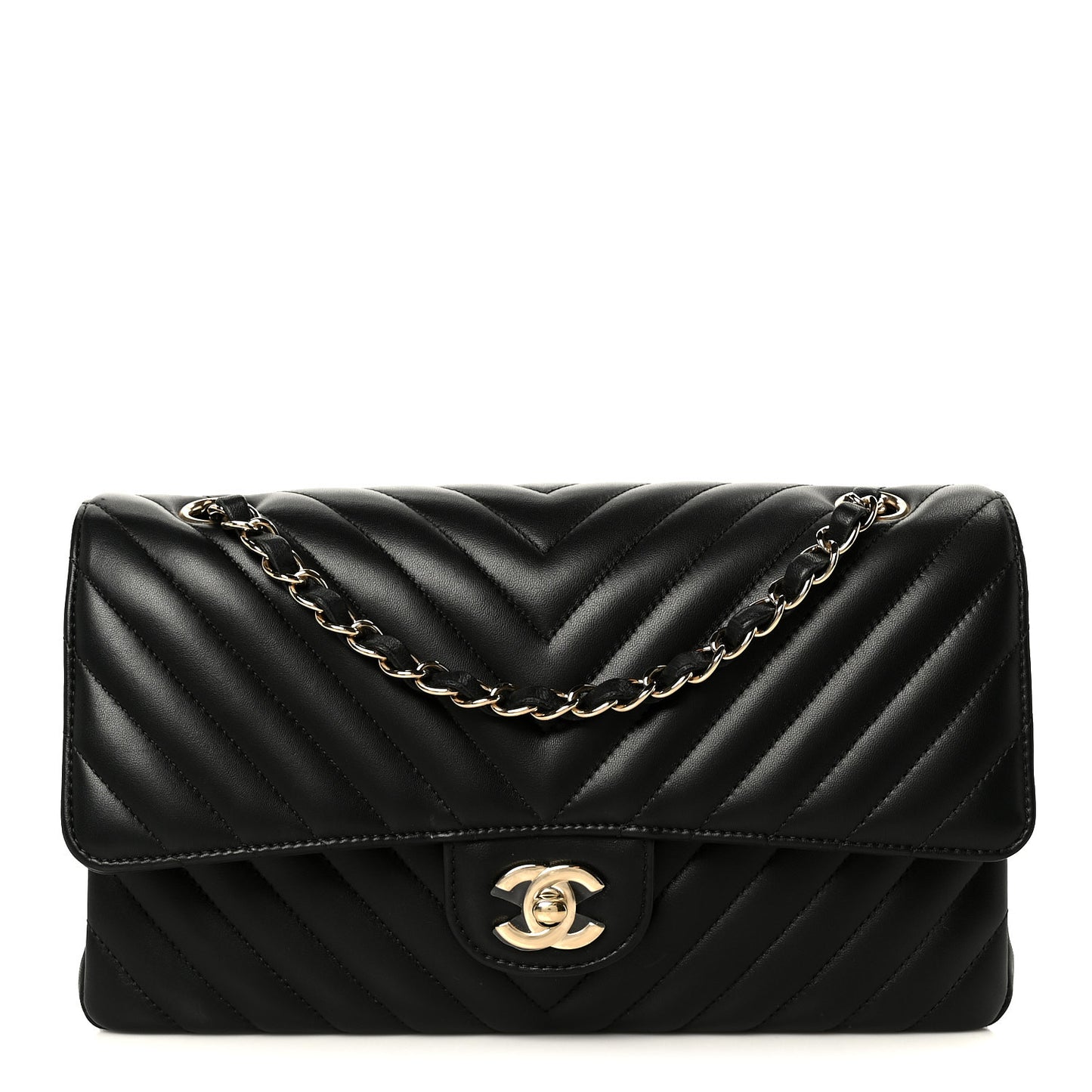 Lambskin Chevron Quilted Medium Double Flap Black