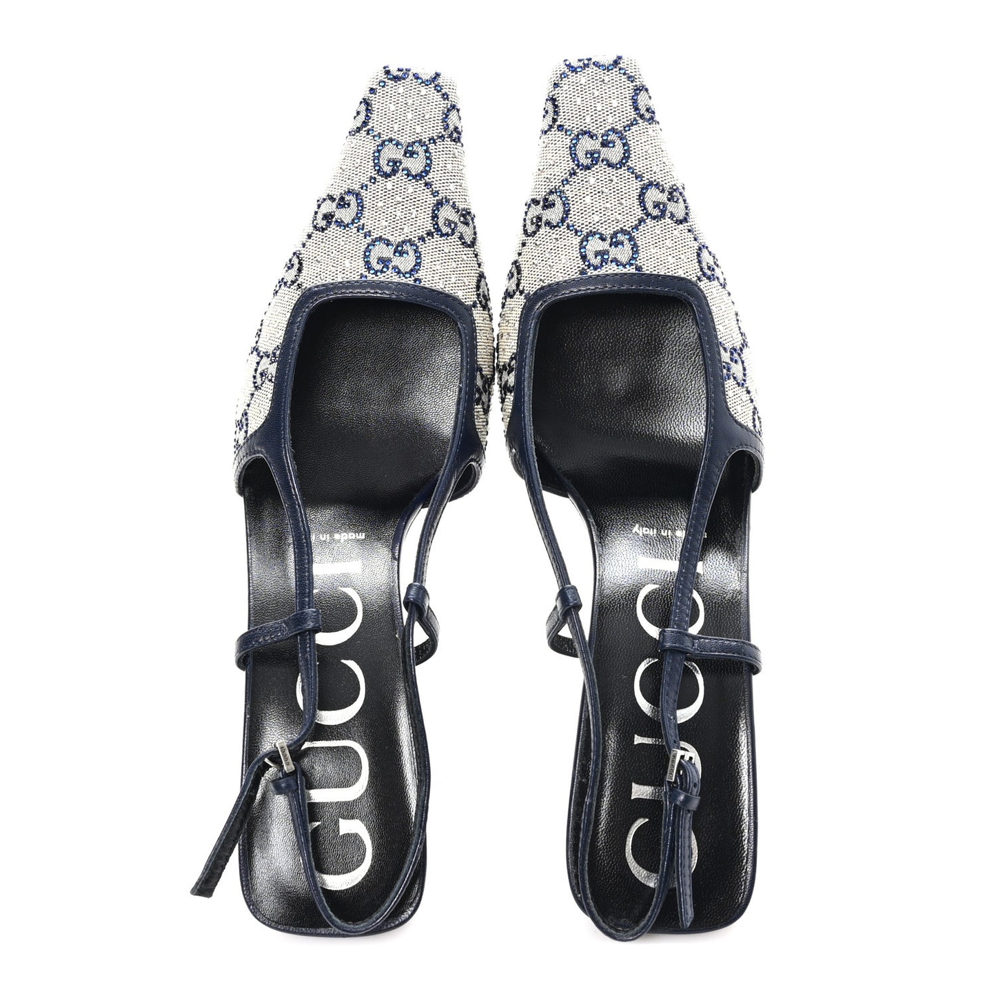 GG Monogram Malaga Kid Crystal Square G 75mm Slingback Pumps 38.5 Beige Blue