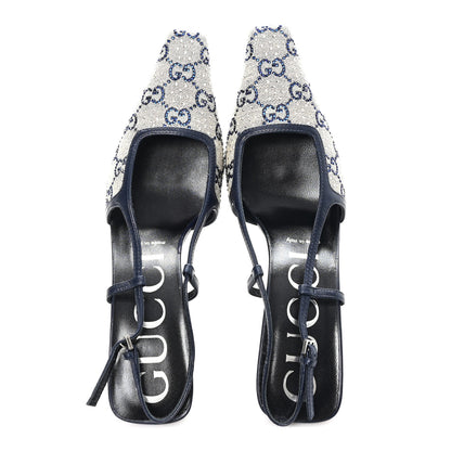 Gucci GG Monogram Malaga Kid Crystal Square G 75mm Slingback Pumps 38.5 Beige Blue 2 of 9