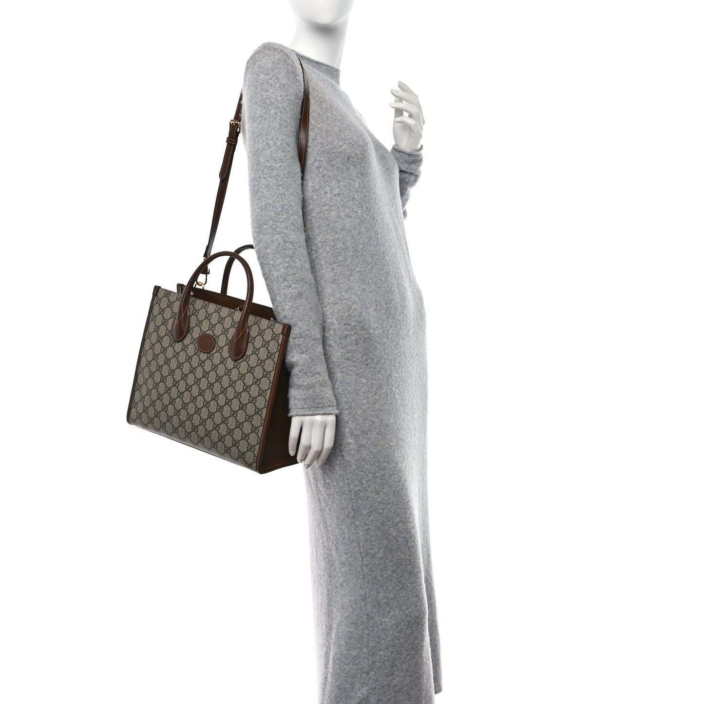 GG Supreme Monogram Azalea Calfskin Small Retro Interlocking G Tote Bag Beige Ebony Brown Sugar