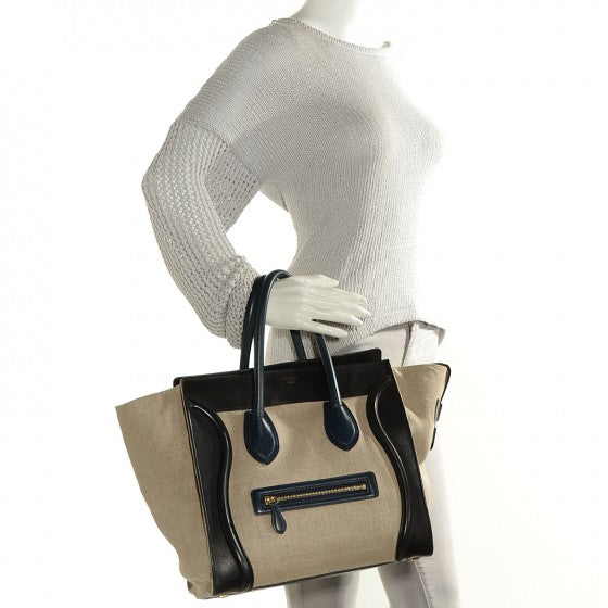 Celine Smooth Calfskin Linen Mini Tri-Color Luggage Black Khaki Navy 2 of 14