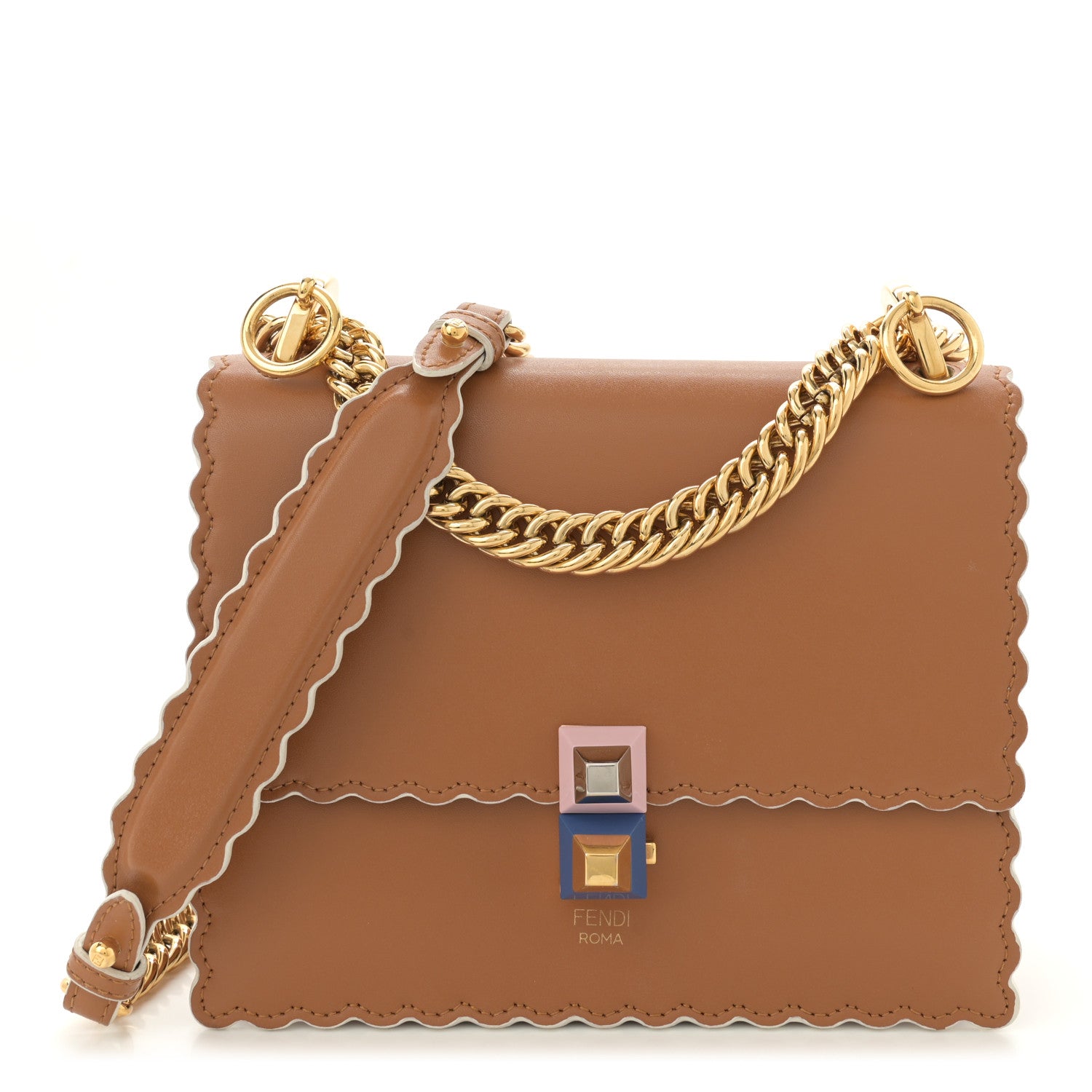 Fendi Vitello Liberty Scalloped Studded Small Kan I Shoulder Bag Caramello 1 of 13