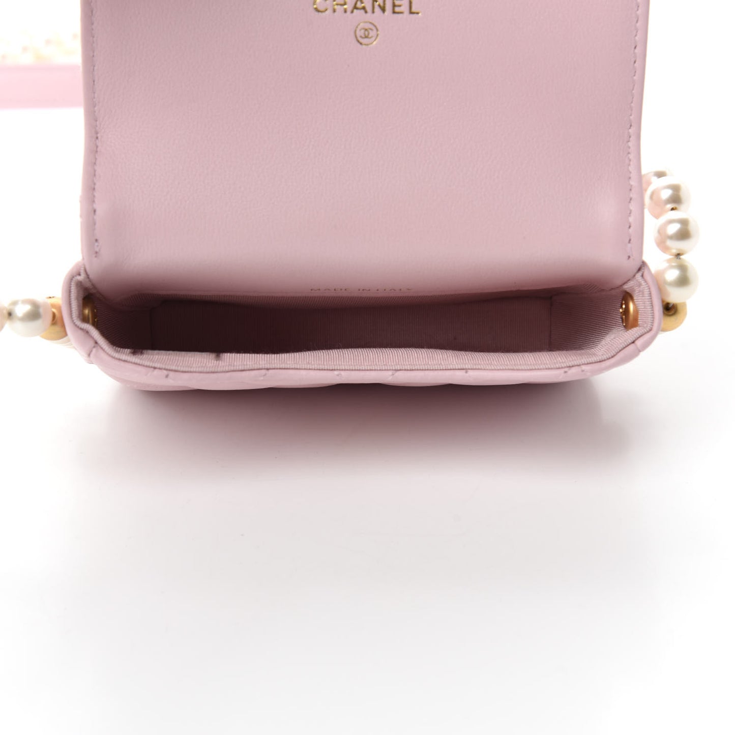 Calfskin Quilted About Pearls Card Holder Flap With Chain Light Pink