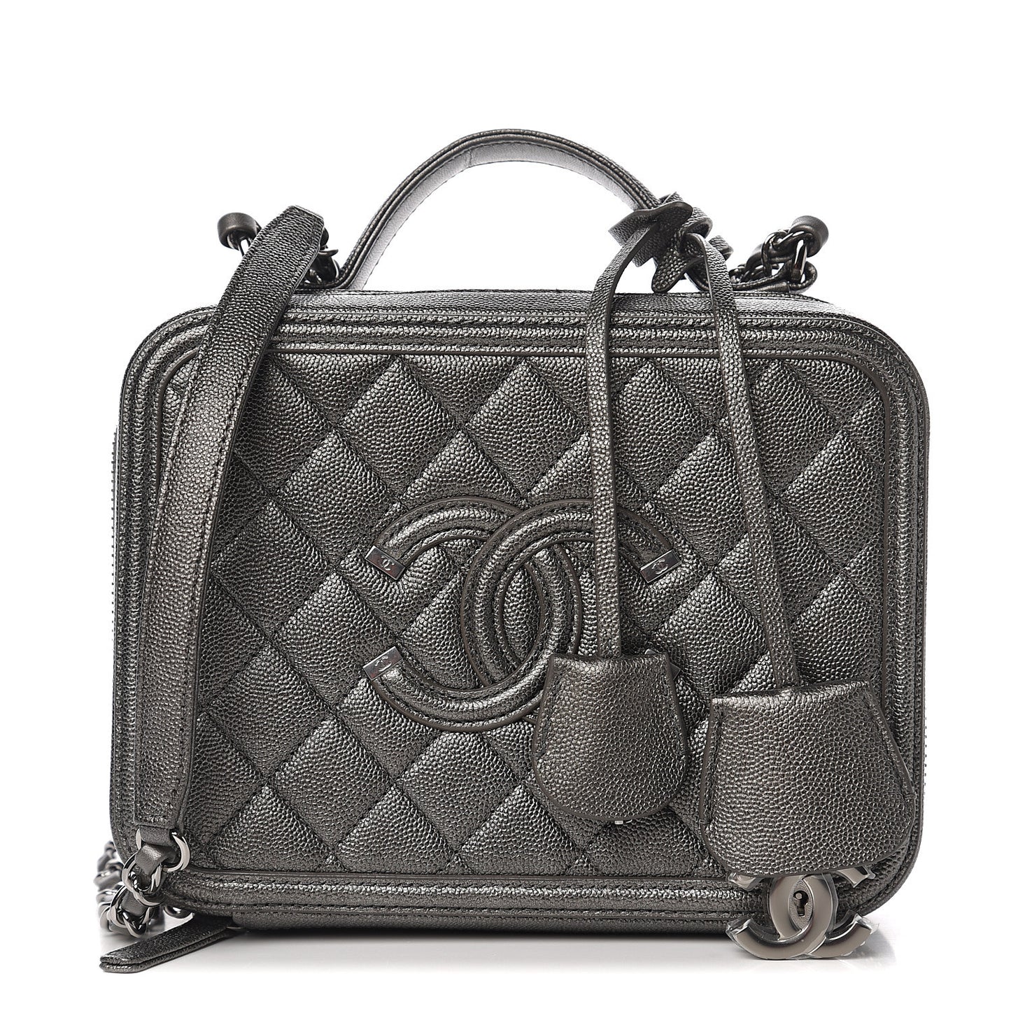 Metallic Caviar Quilted Medium CC Filigree Vanity Case Dark Silver