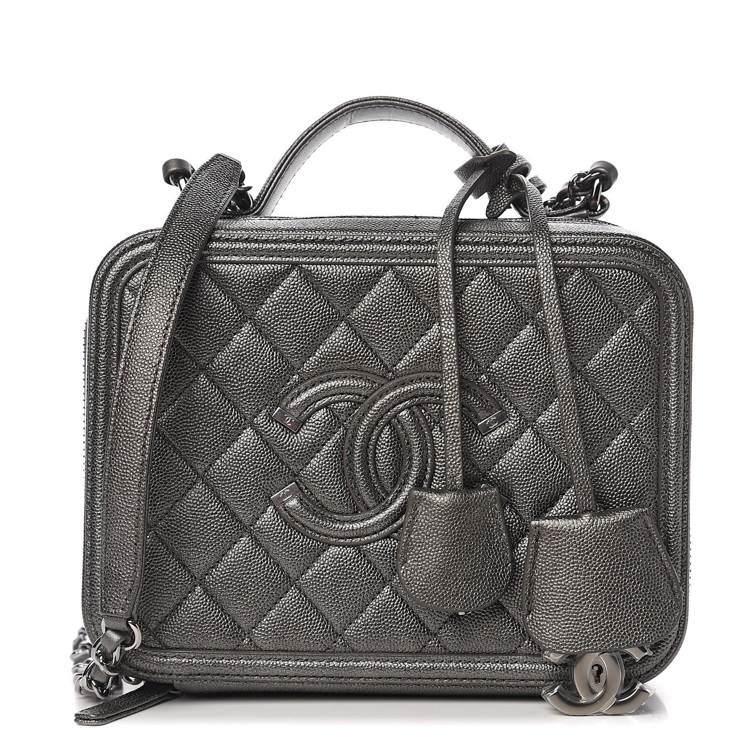 Chanel Metallic Caviar Quilted Medium CC Filigree Vanity Case Dark Silver 1 of 10