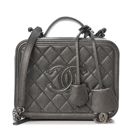 Chanel Metallic Caviar Quilted Medium CC Filigree Vanity Case Dark Silver 1 of 10