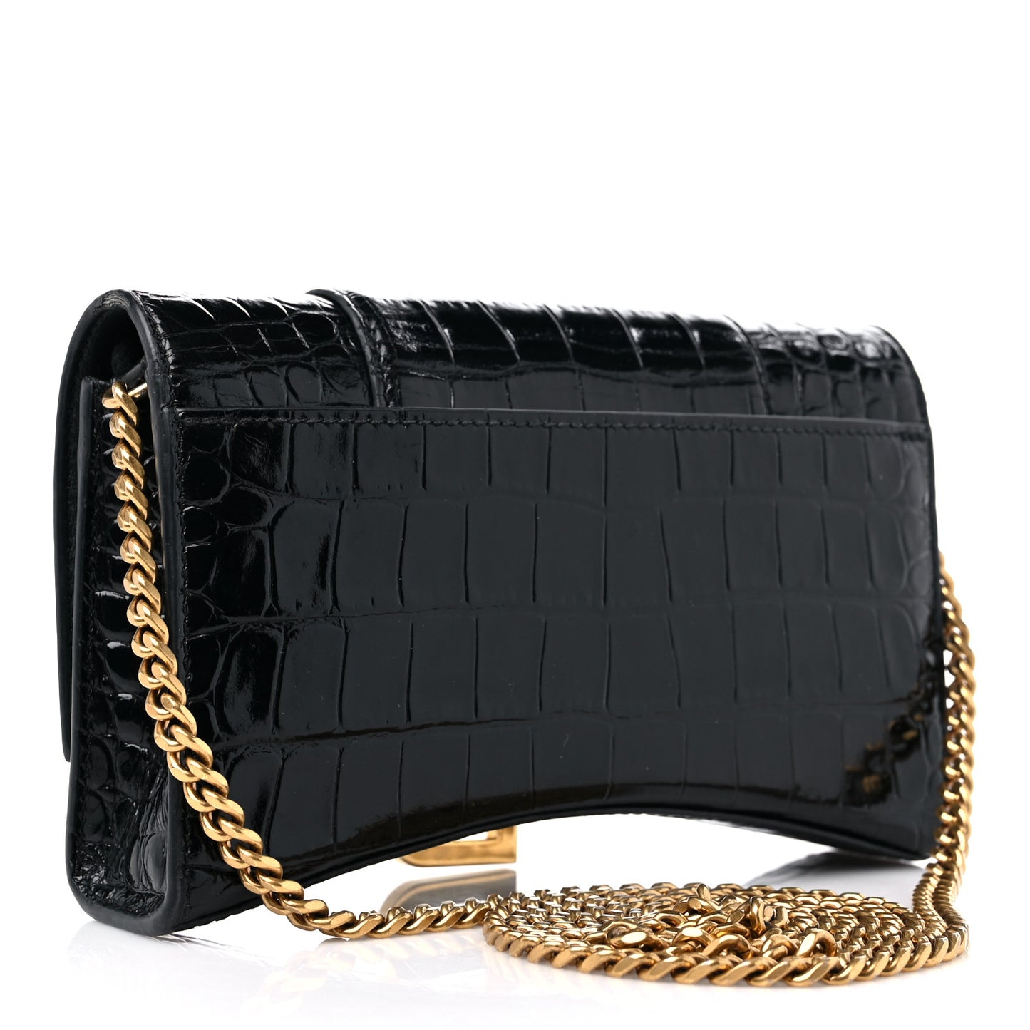 Shiny Calfskin Crocodile Embossed Hourglass Chain Bag Black