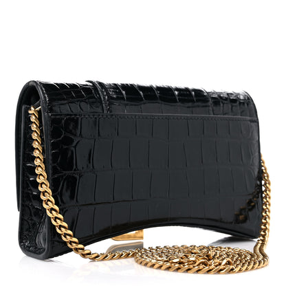 Balenciaga Shiny Calfskin Crocodile Embossed Hourglass Chain Bag Black 3 of 10