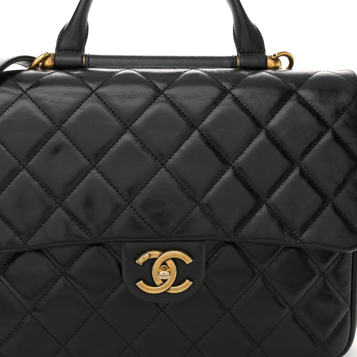 Calfskin Quilted Large Gold Bar Top Handle Flap Black