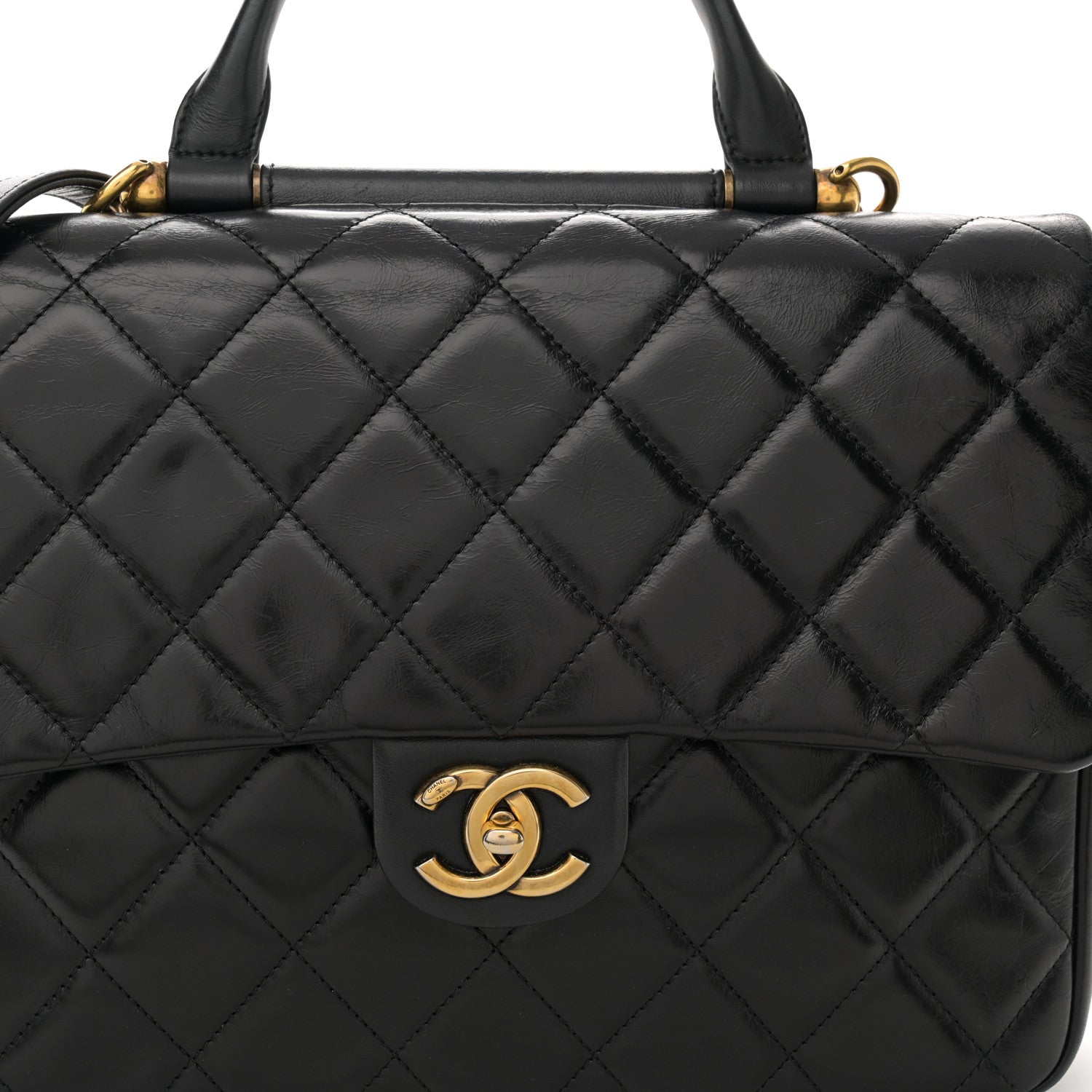 Chanel Calfskin Quilted Large Gold Bar Top Handle Flap Black 8 of 10