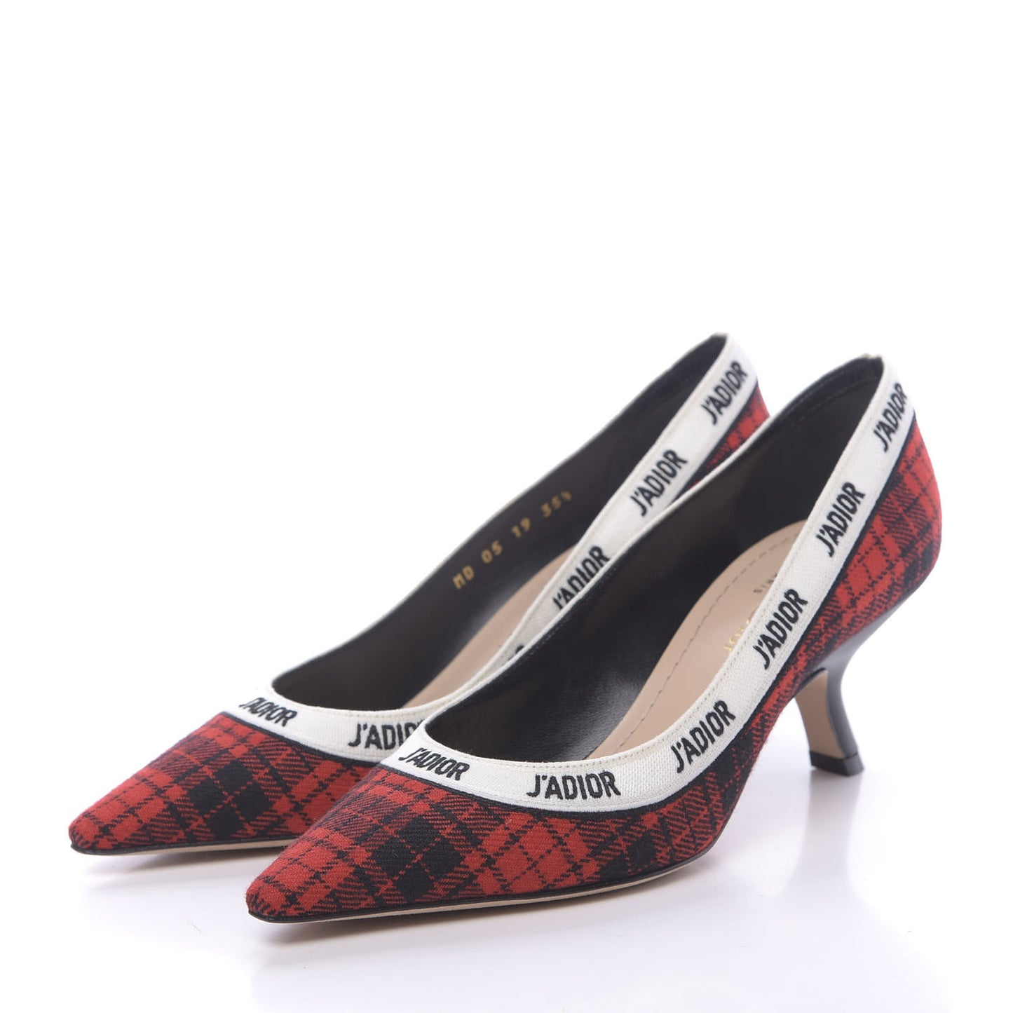 Canvas Ribbon Tartan Print Embroidered J'Adior 60mm Pumps 35.5 Black Red