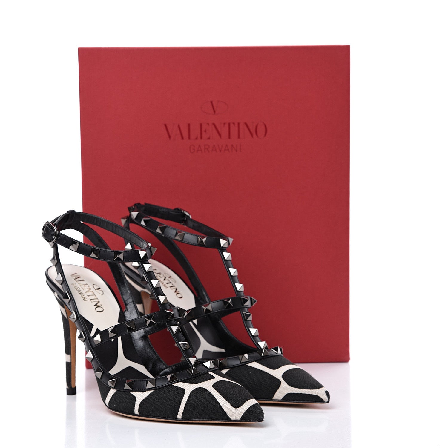 Valentino Garavani Canvas Giraffe Print Rockstud Ankle Strap Pumps 39 Black White 10 of 10