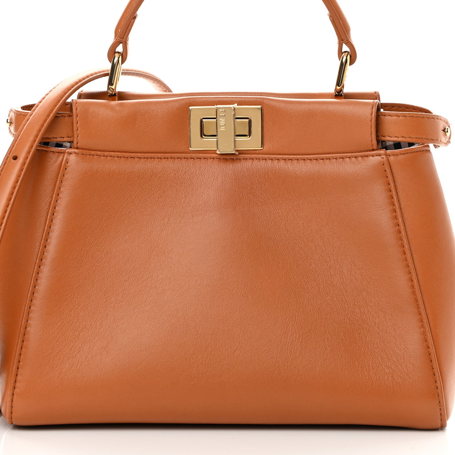 Fendi Nappa Vitello Century Gingham Embossed Mini Peekaboo Iconic Satchel Brandy White Black 10 of 15