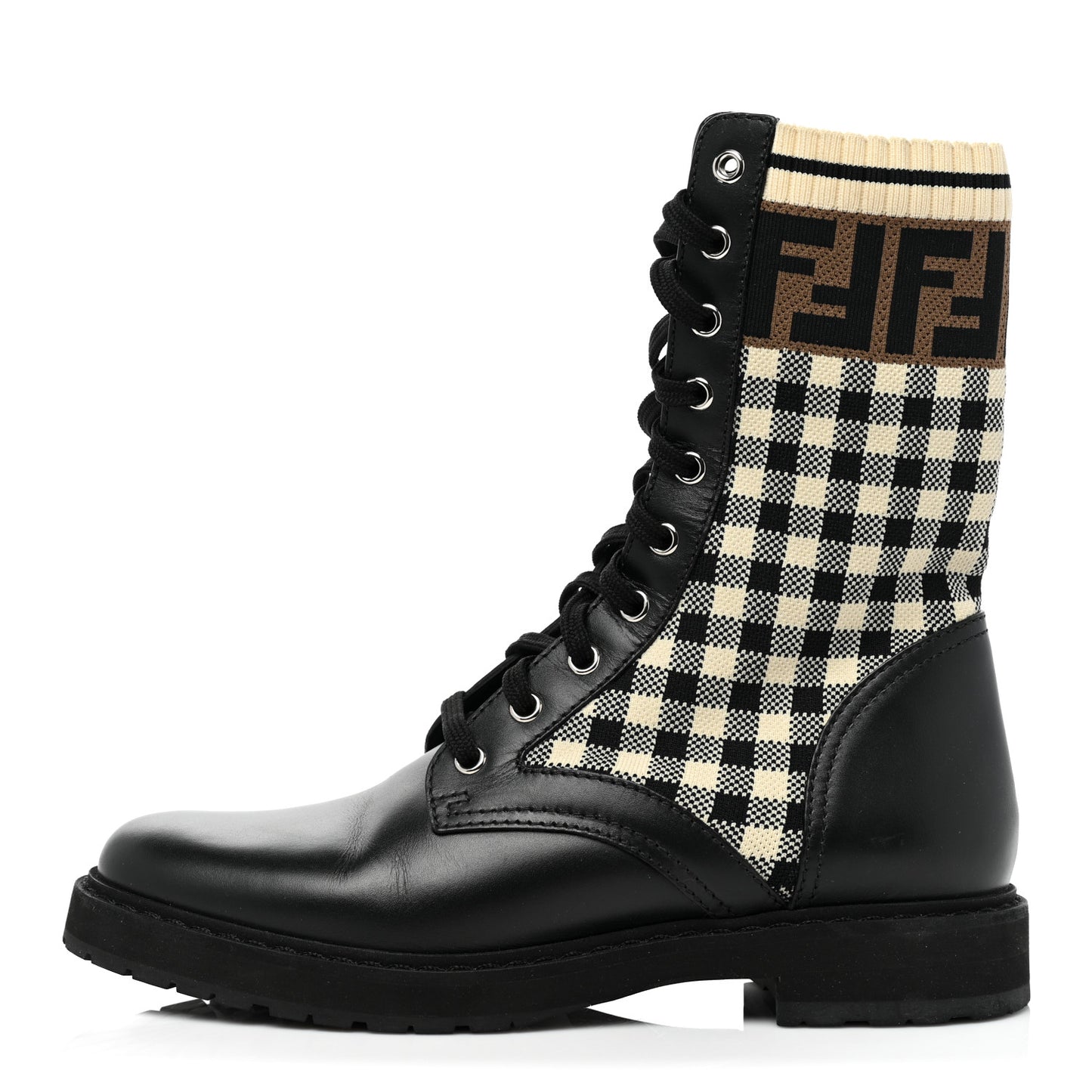 Vitello Stretch Fabric FF Vichy Rockoko Biker Boots 38.5 Black Crema Tobacco
