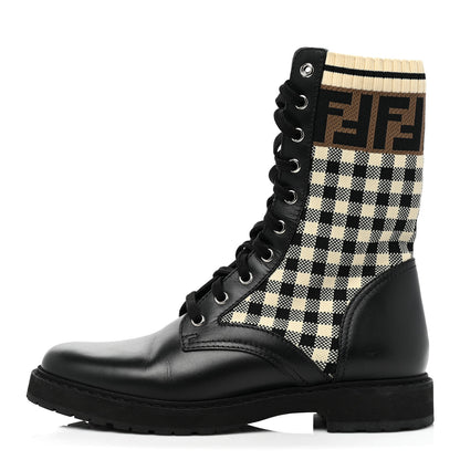 Fendi Vitello Stretch Fabric FF Vichy Rockoko Biker Boots 38.5 Black Crema Tobacco 1 of 13