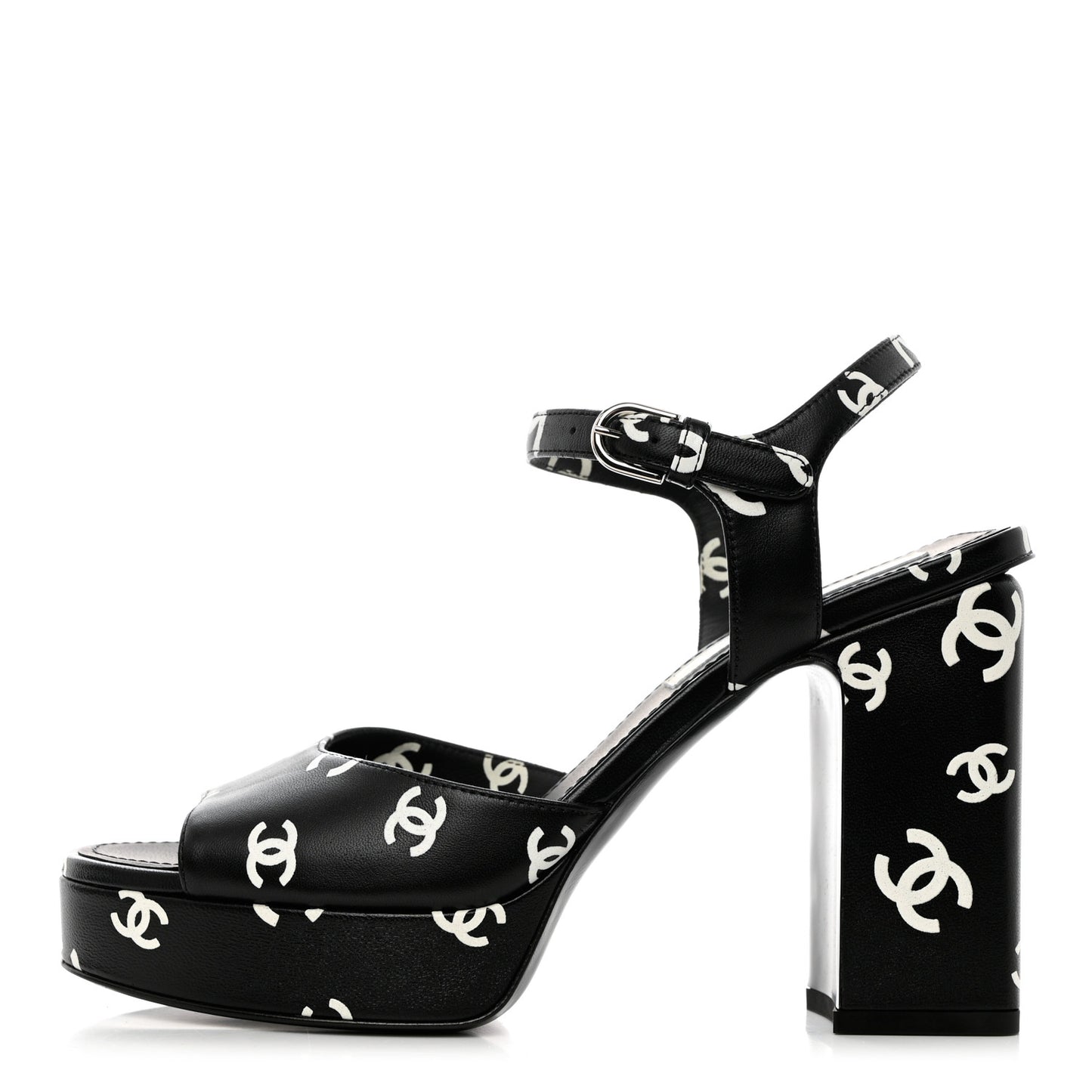 Printed Lambskin CC Platform Sandals 38 Black White