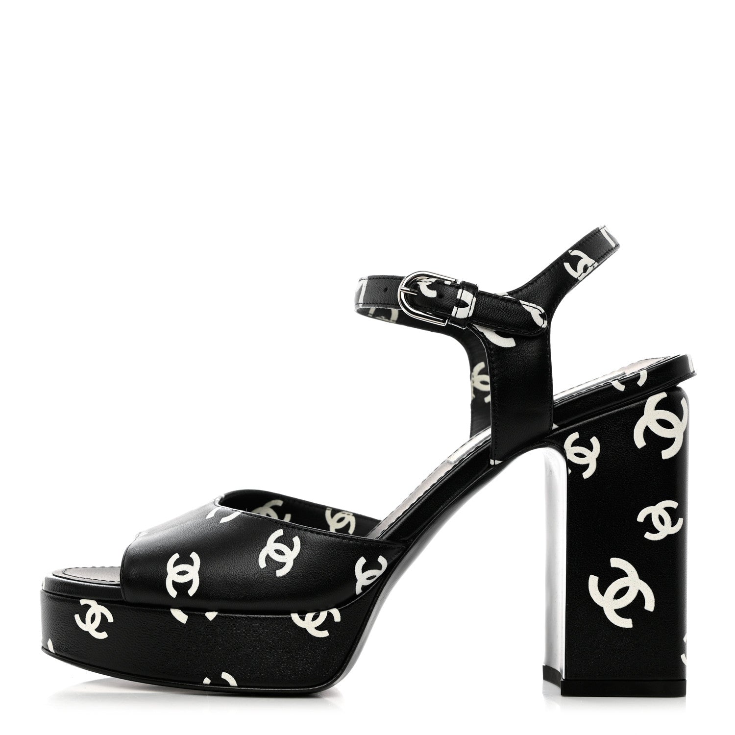 Chanel Printed Lambskin CC Platform Sandals 38 Black White 1 of 9