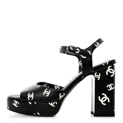Chanel Printed Lambskin CC Platform Sandals 38 Black White 1 of 9