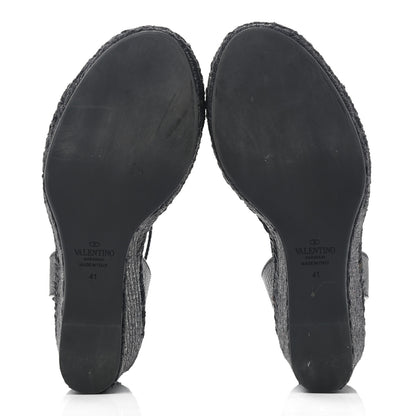 Valentino Garavani Grainy Cowhide VLogo Ankle Wrap Espadrille Wedge Sandals 41 Black 5 of 11