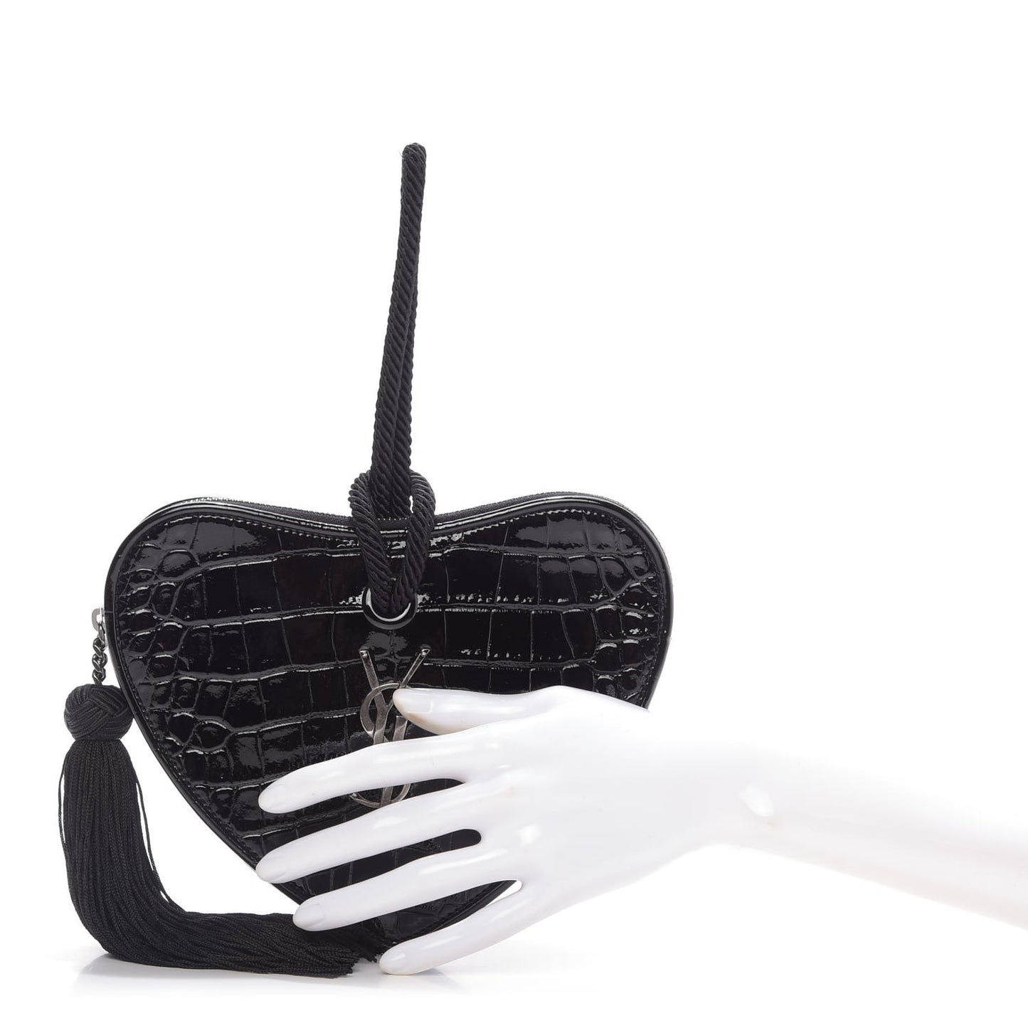 Patent Crocodile Embossed Sac Coeur Heart Shaped Clutch Black