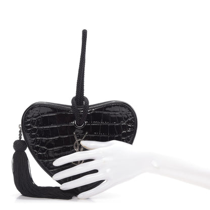 Saint Laurent Patent Crocodile Embossed Sac Coeur Heart Shaped Clutch Black 2 of 9