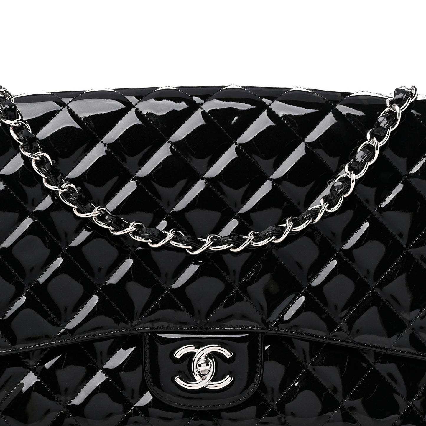 Patent Calfskin Sparkle Quilted Maxi Single Flap Black