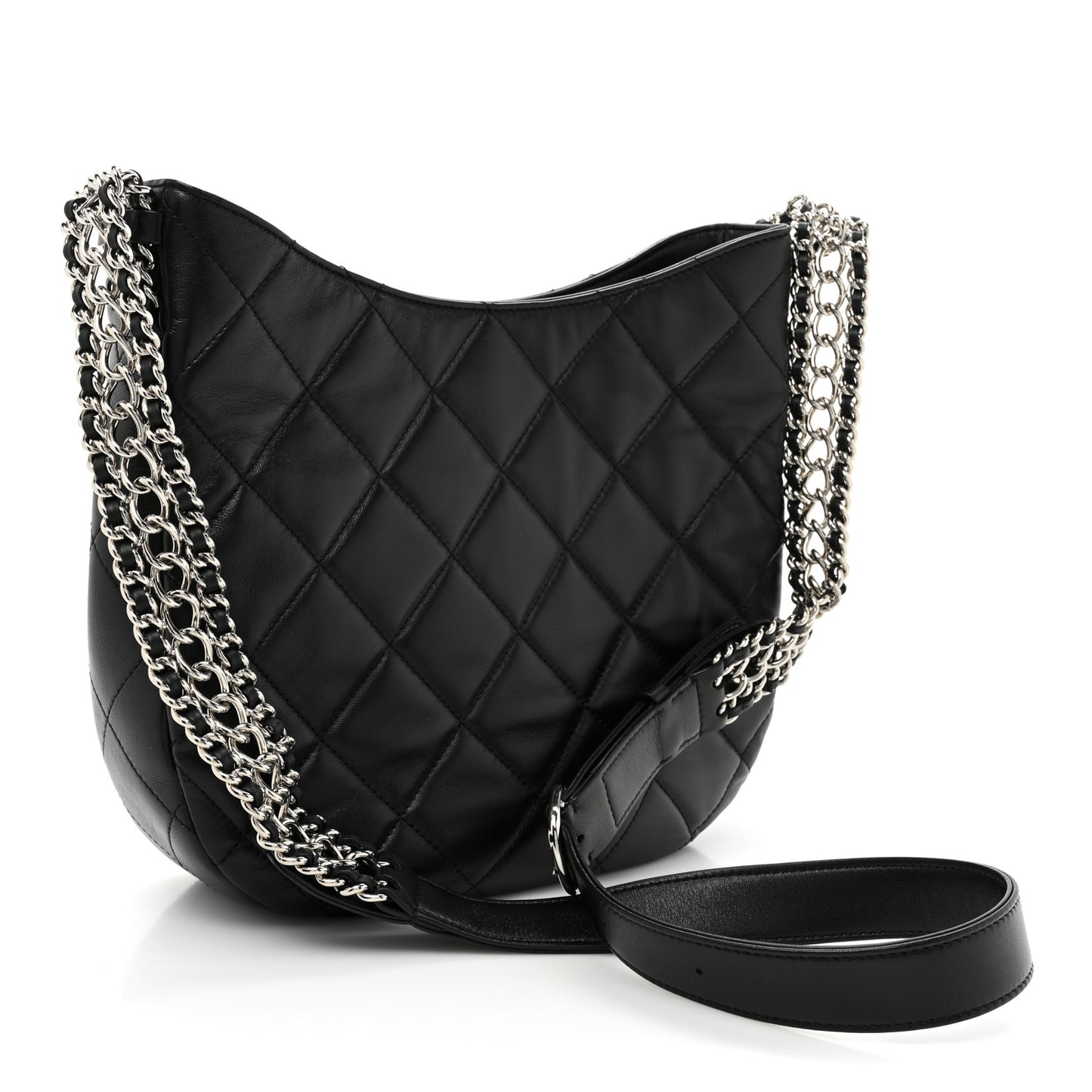 Lambskin Chain Rows Quilted Chain Hobo Black