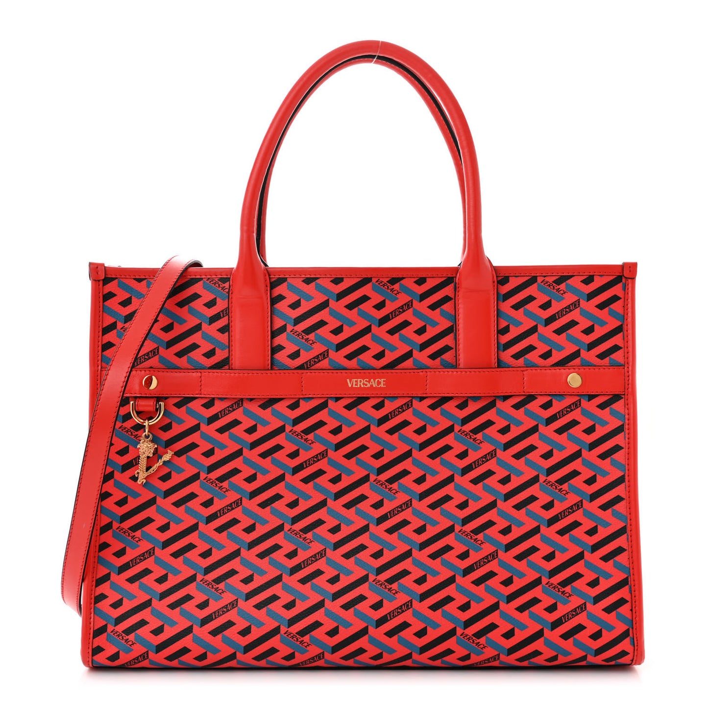 Coated Canvas Calfskin La Greca Signature Tote Bag Blue Red