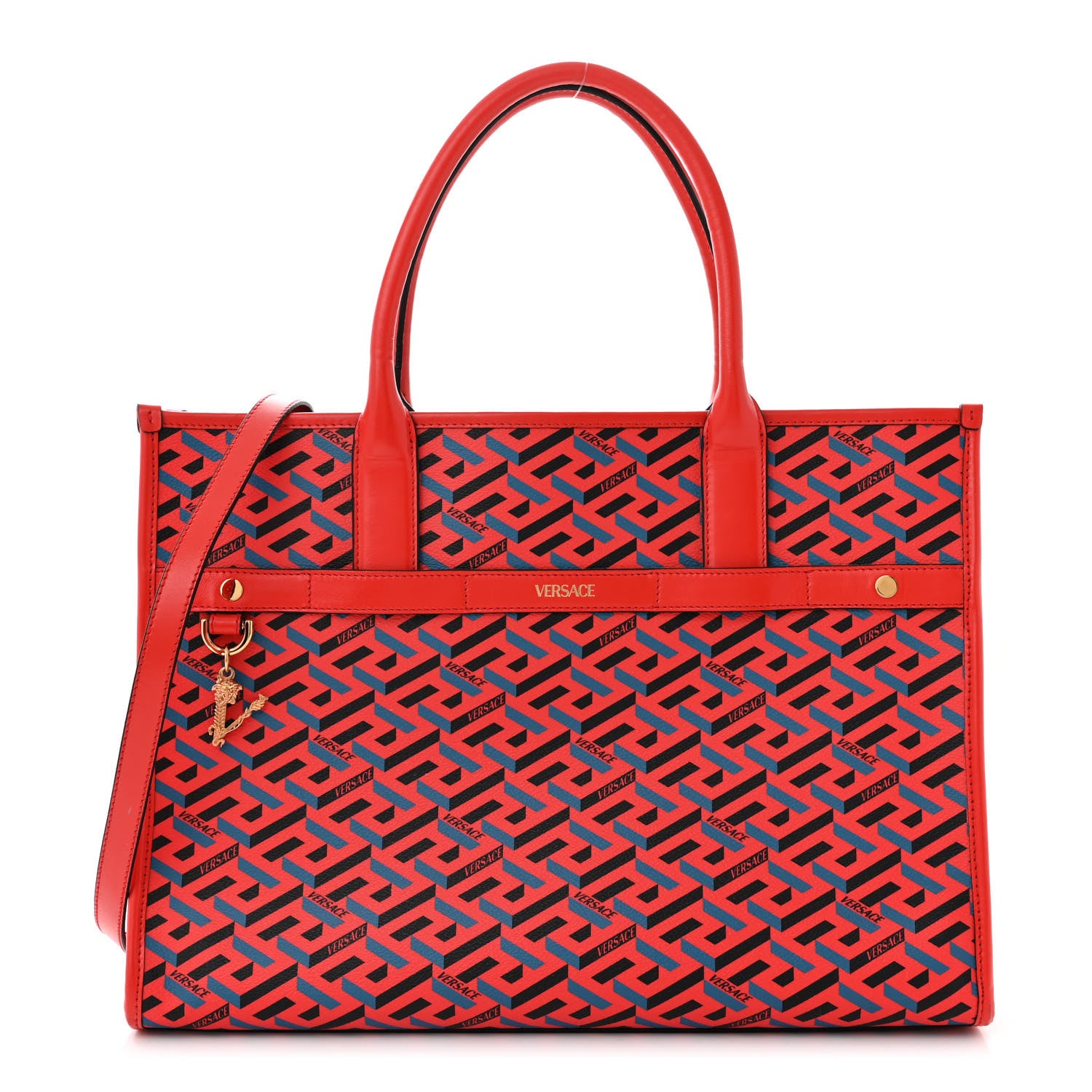 Versace Coated Canvas Calfskin La Greca Signature Tote Bag Blue Red 1 of 14