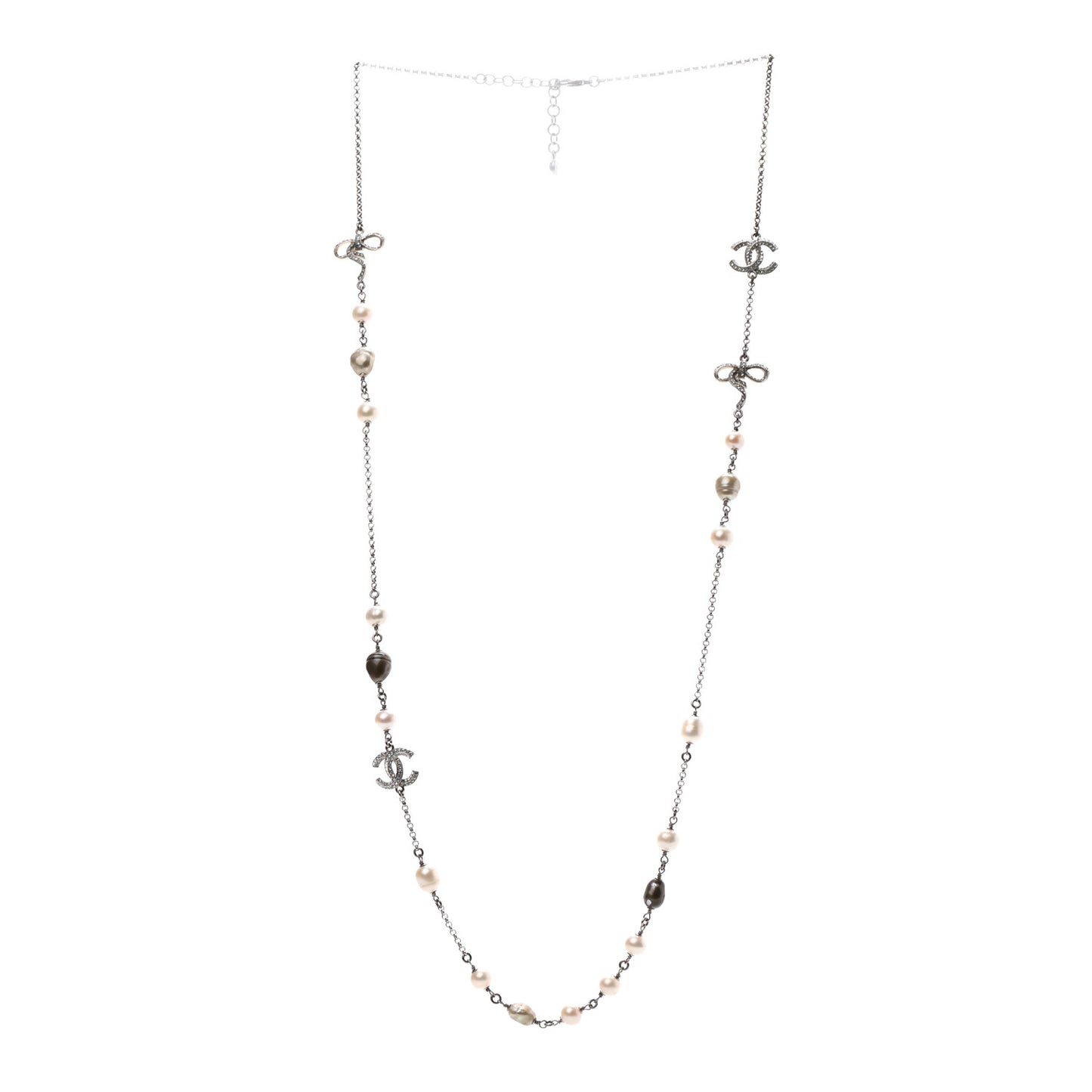 Pearl CC Crystal Bow Long Necklace Silver