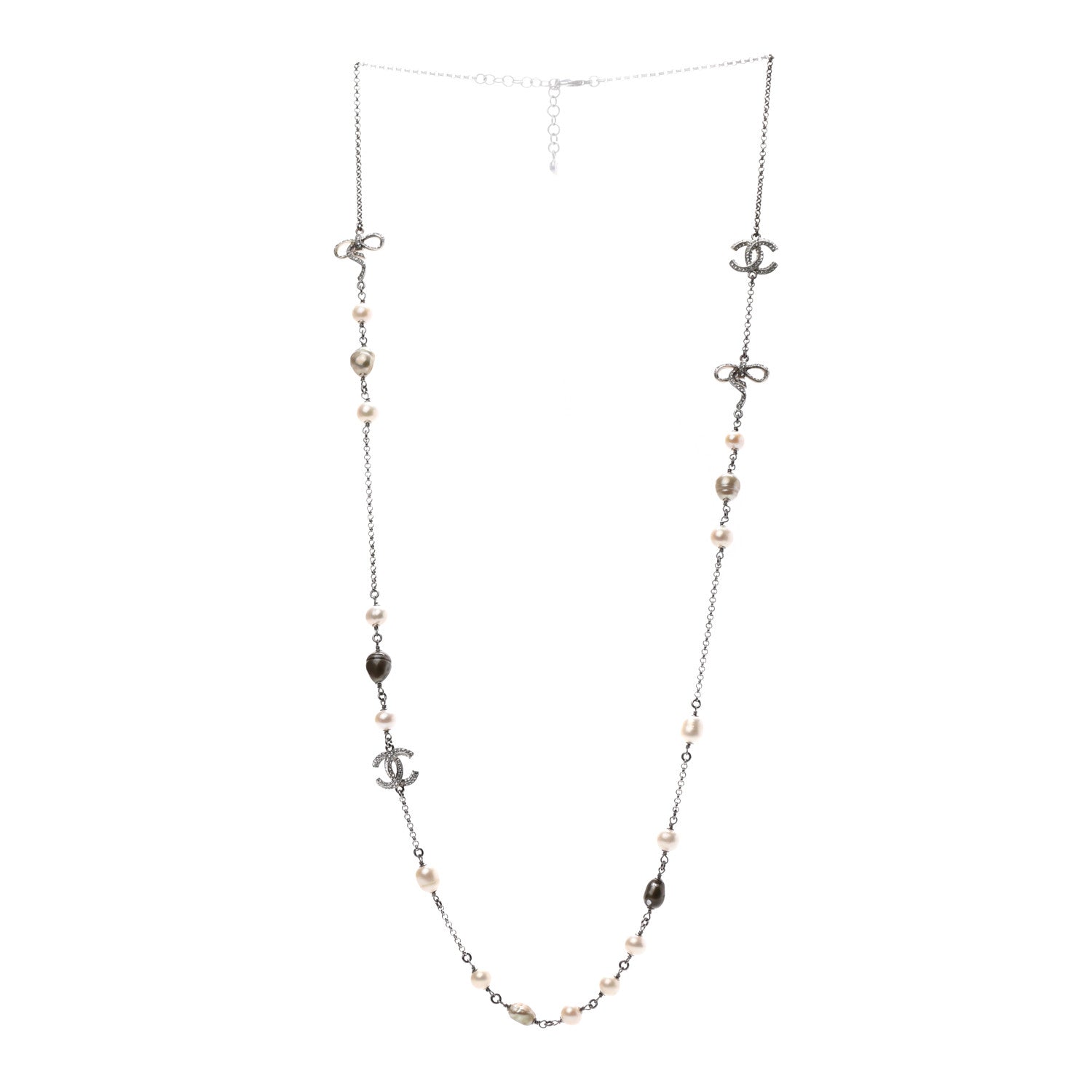 Chanel Pearl CC Crystal Bow Long Necklace Silver 3 of 5