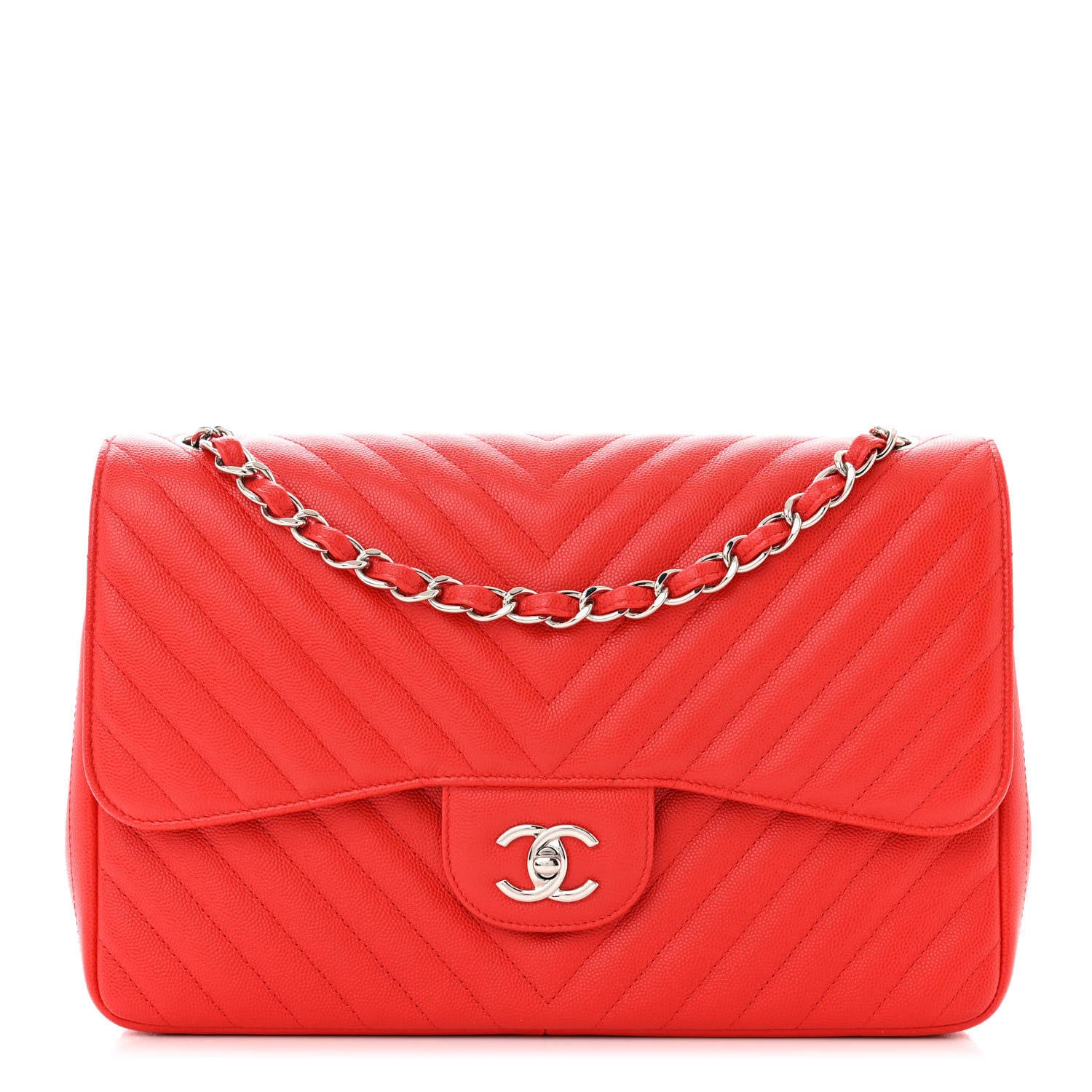Chanel Caviar Chevron Quilted Jumbo Double Flap Red 1 of 11