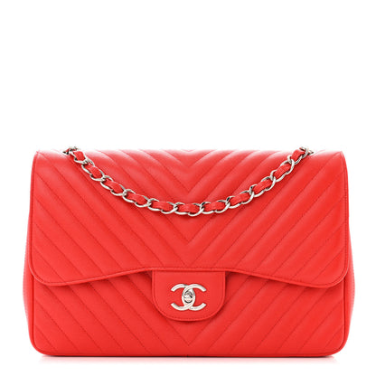 Chanel Caviar Chevron Quilted Jumbo Double Flap Red 1 of 11