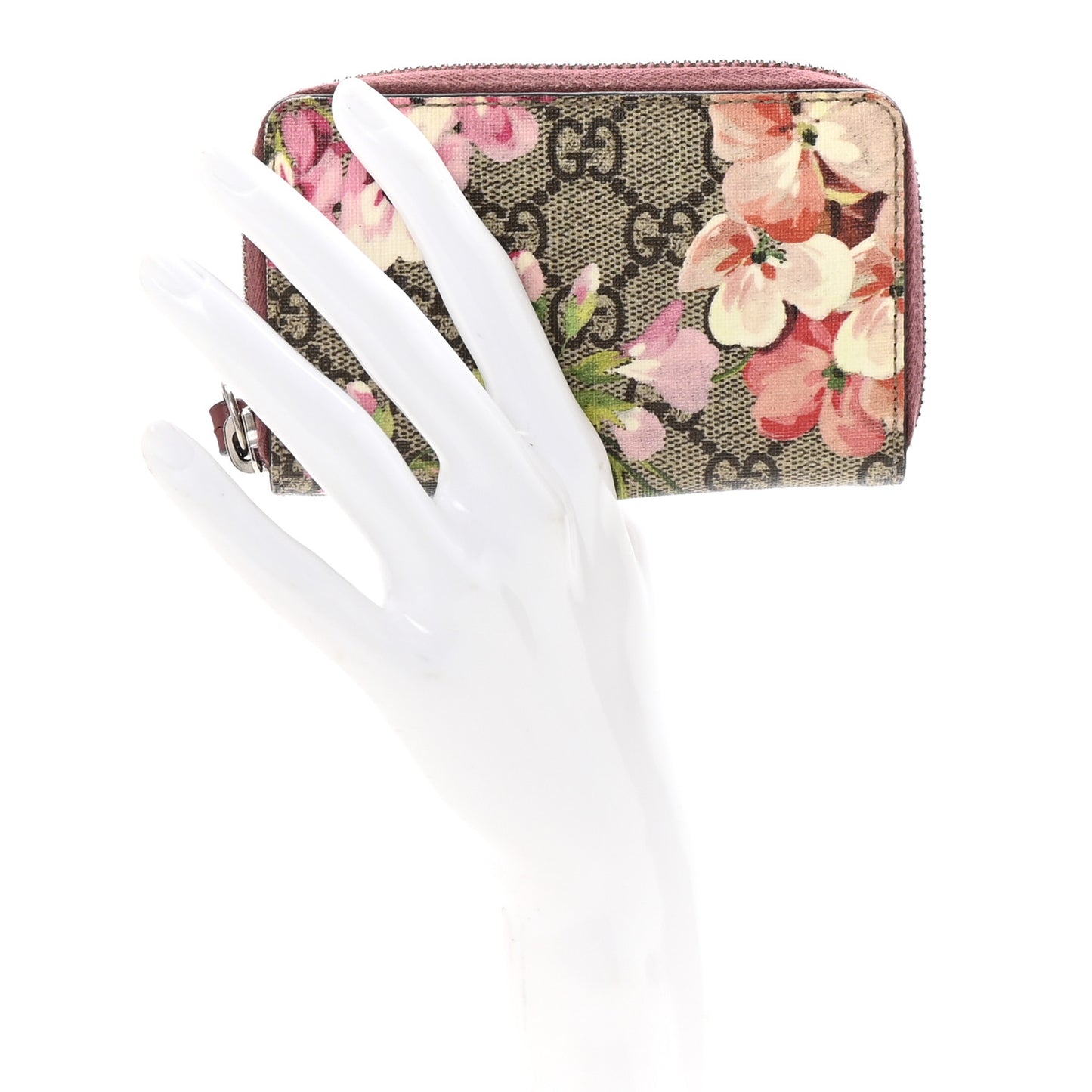 GG Supreme Monogram Blooms Zip Around Card Case Wallet Beige Multicolor Dry Rose