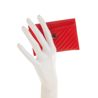 Chanel Patent Quilted Chevron Card Holder Red 2 of 8