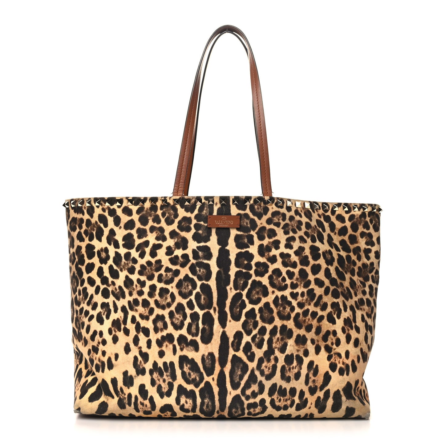 Canvas Nappa Leopard Print Rockstud Tote Brown