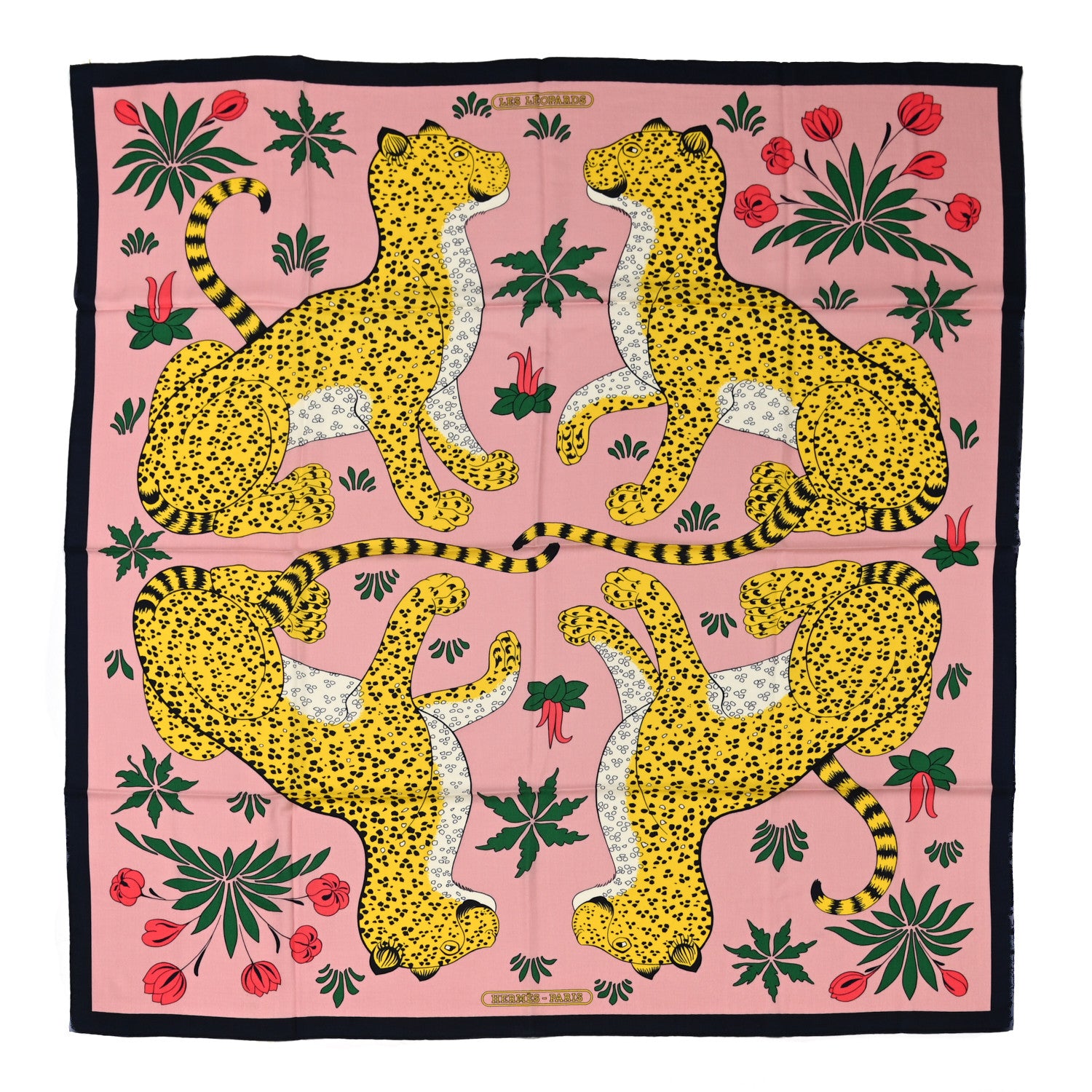 Hermes Cashmere Silk Les Leopards Shawl 140 Marine Rose Buvard 1 of 4